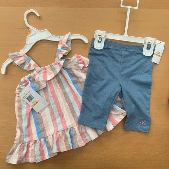 Calvin Klein Baby Girl 2-Piece Ruffle Top & Legging Set | Pink Blue Striped | 12 - Picture 2 of 3